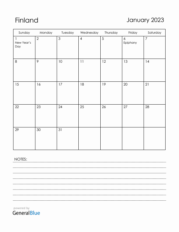 January 2023 Finland Calendar with Holidays (Sunday Start)
