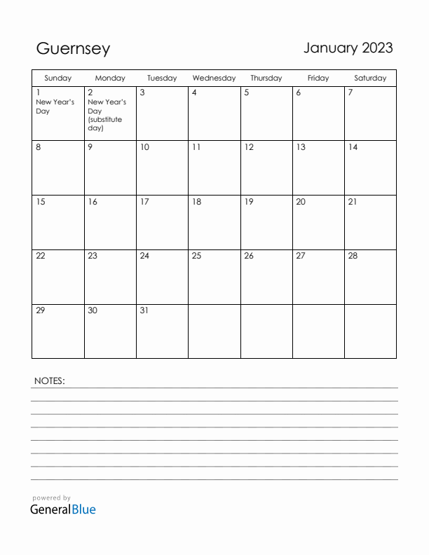 January 2023 Guernsey Calendar with Holidays (Sunday Start)