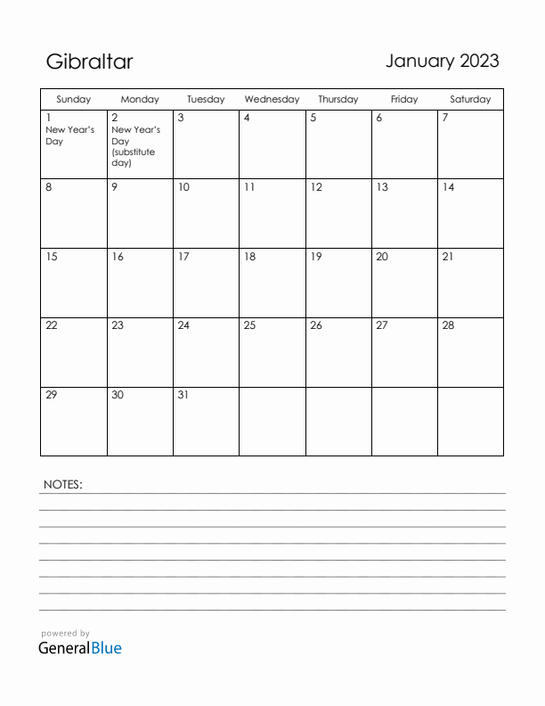 January 2023 Gibraltar Calendar with Holidays (Sunday Start)