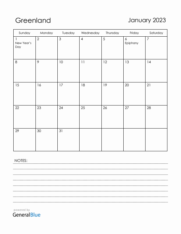 January 2023 Greenland Calendar with Holidays (Sunday Start)