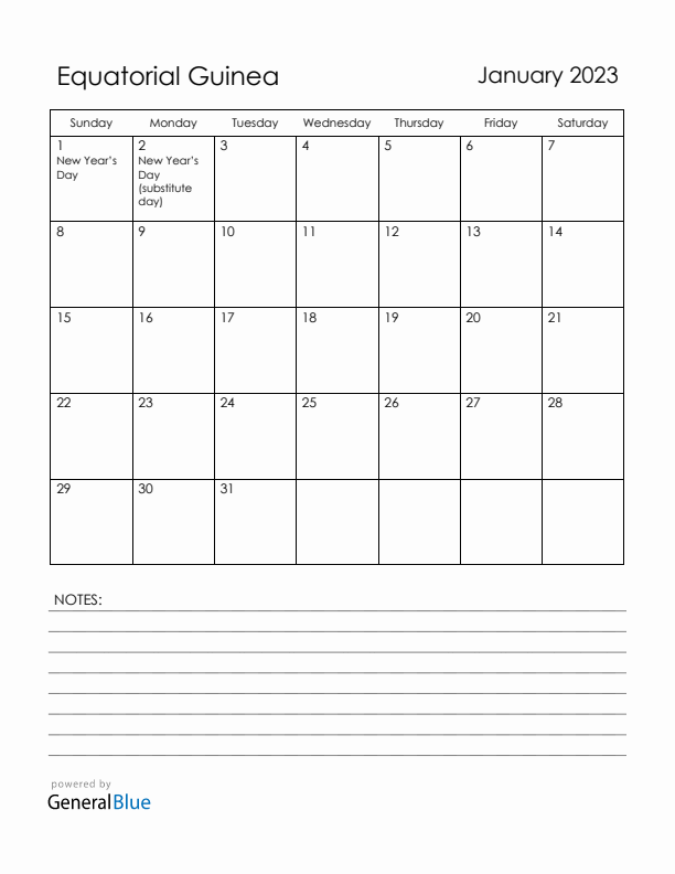 January 2023 Equatorial Guinea Calendar with Holidays (Sunday Start)