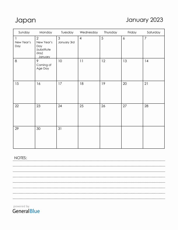 January 2023 Japan Calendar with Holidays (Sunday Start)