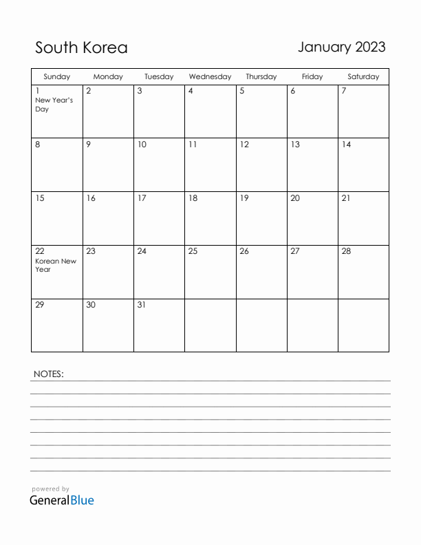 January 2023 South Korea Calendar with Holidays (Sunday Start)