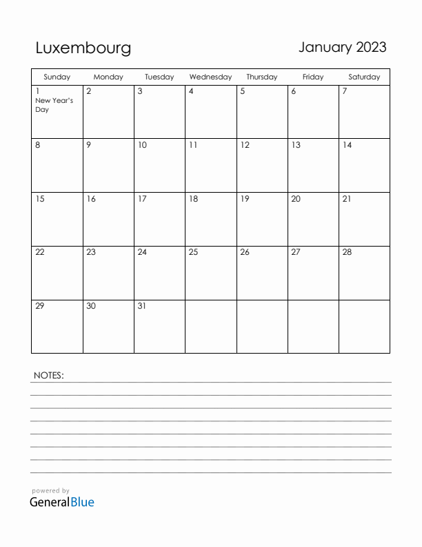 January 2023 Luxembourg Calendar with Holidays (Sunday Start)