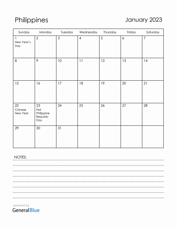 January 2023 Philippines Calendar with Holidays (Sunday Start)