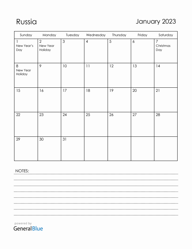 January 2023 Russia Calendar with Holidays (Sunday Start)