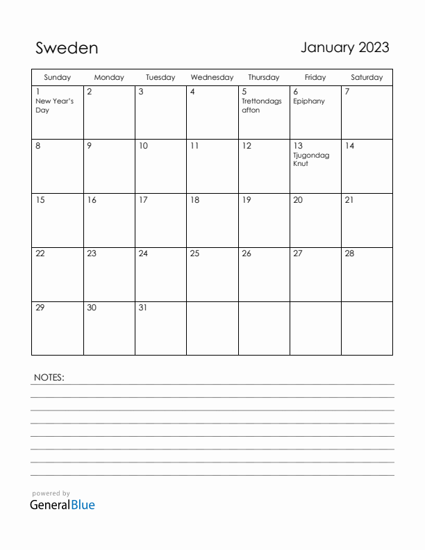 January 2023 Sweden Calendar with Holidays (Sunday Start)