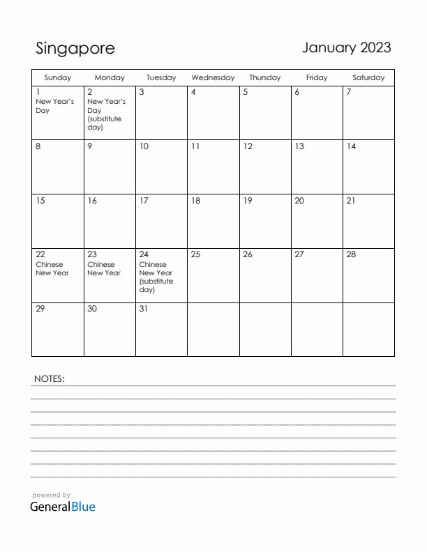 January 2023 Singapore Calendar with Holidays (Sunday Start)