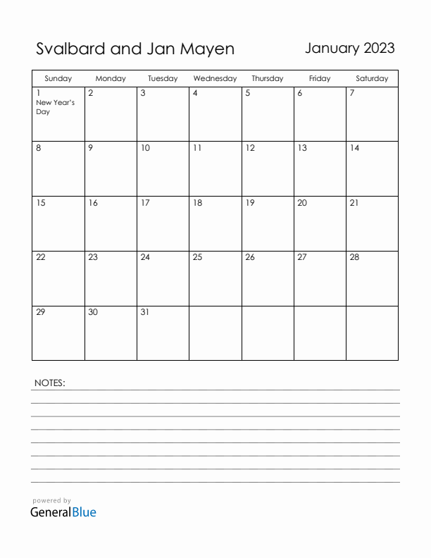 January 2023 Svalbard and Jan Mayen Calendar with Holidays (Sunday Start)