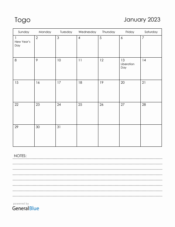 January 2023 Togo Calendar with Holidays (Sunday Start)