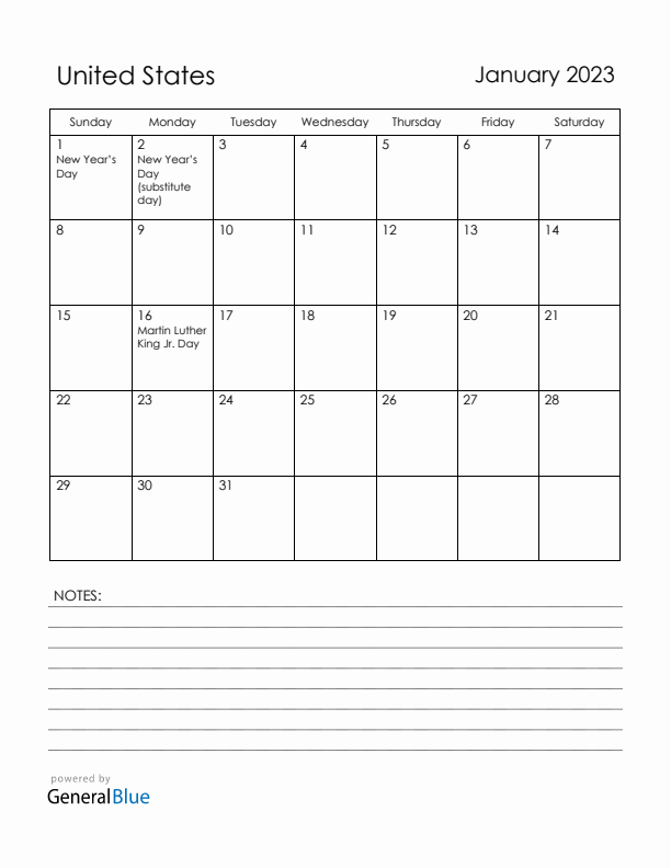 January 2023 United States Calendar with Holidays (Sunday Start)