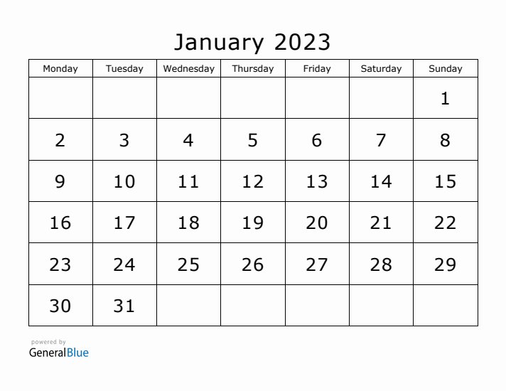 Printable January 2023 Calendar - Monday Start