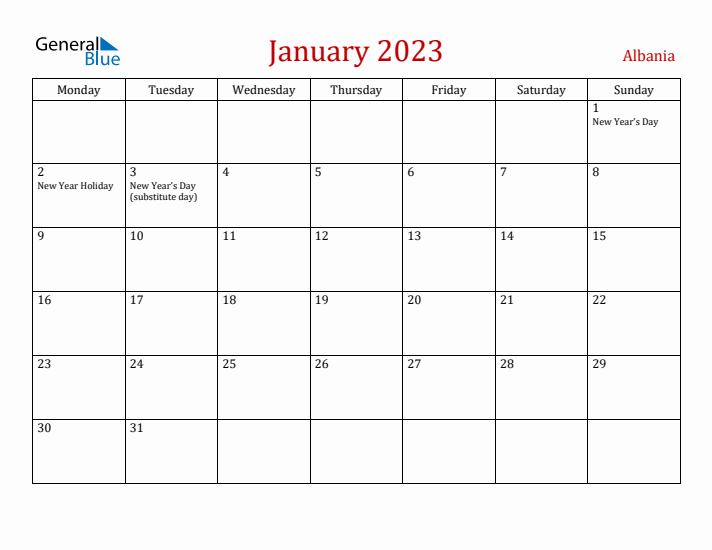 Albania January 2023 Calendar - Monday Start