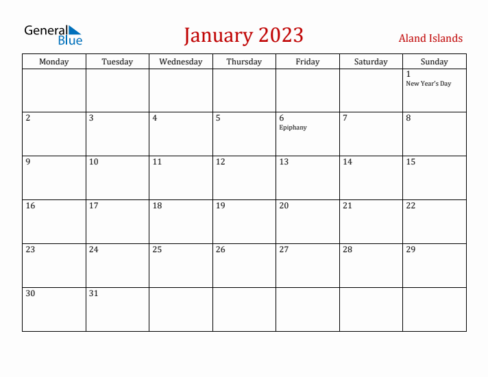 Aland Islands January 2023 Calendar - Monday Start