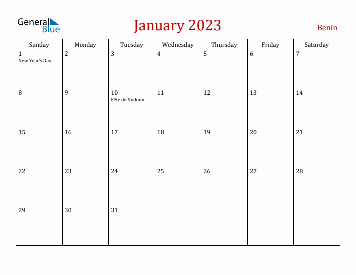 Benin January 2023 Calendar - Sunday Start