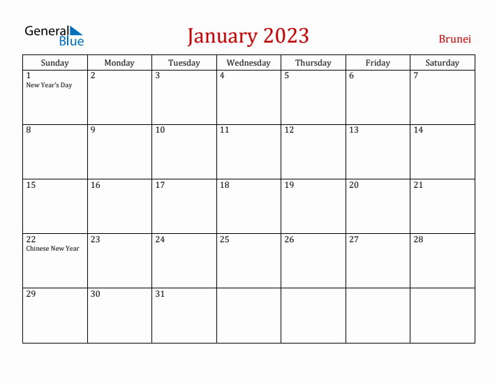 Brunei January 2023 Calendar - Sunday Start