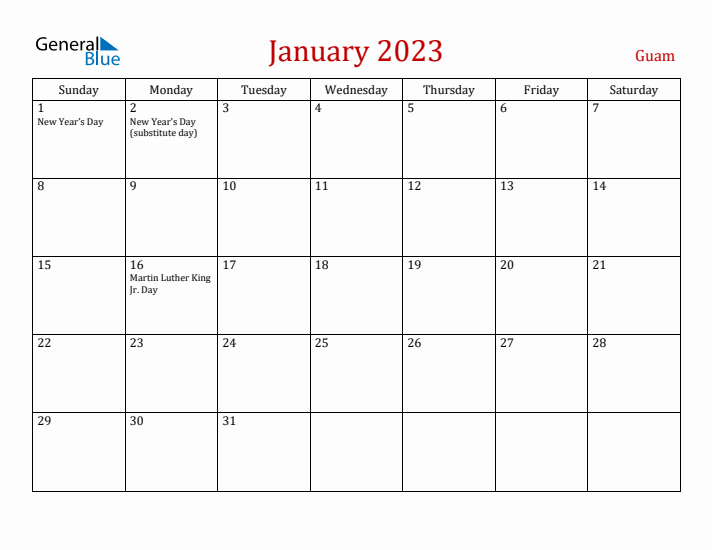 Guam January 2023 Calendar - Sunday Start