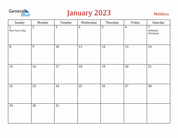 Moldova January 2023 Calendar - Sunday Start