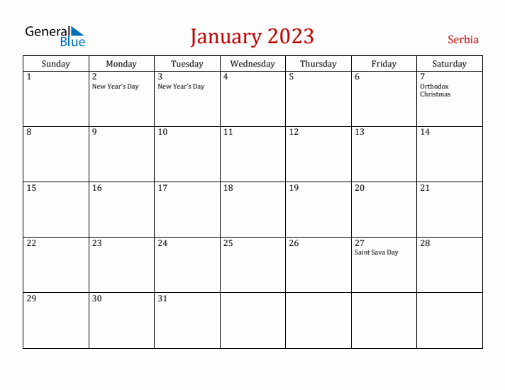 Serbia January 2023 Calendar - Sunday Start