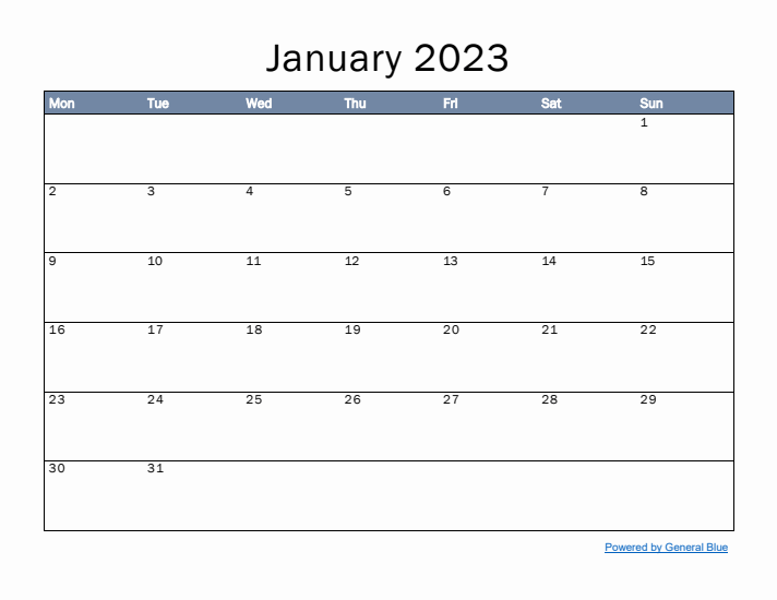 January 2023 Simple Month Calendar Template