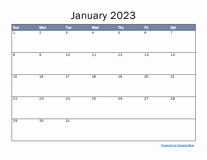 January 2023 Simple Month Calendar Template