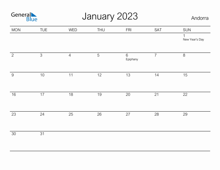 Printable January 2023 Calendar for Andorra