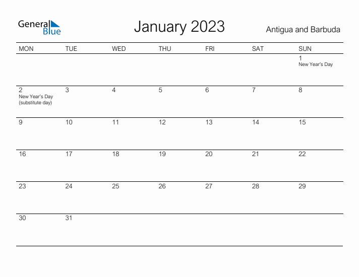 Printable January 2023 Calendar for Antigua and Barbuda