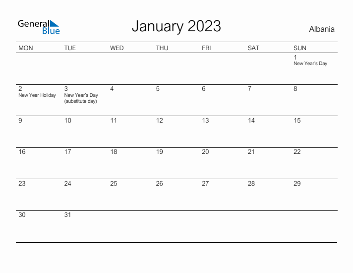 Printable January 2023 Calendar for Albania