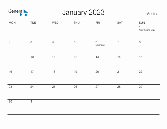 Printable January 2023 Calendar for Austria