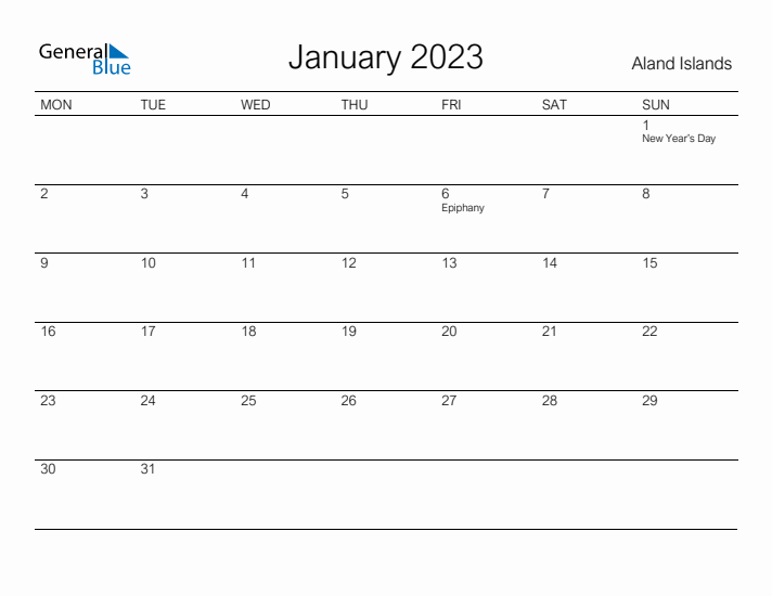 Printable January 2023 Calendar for Aland Islands