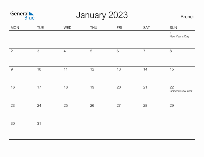 Printable January 2023 Calendar for Brunei