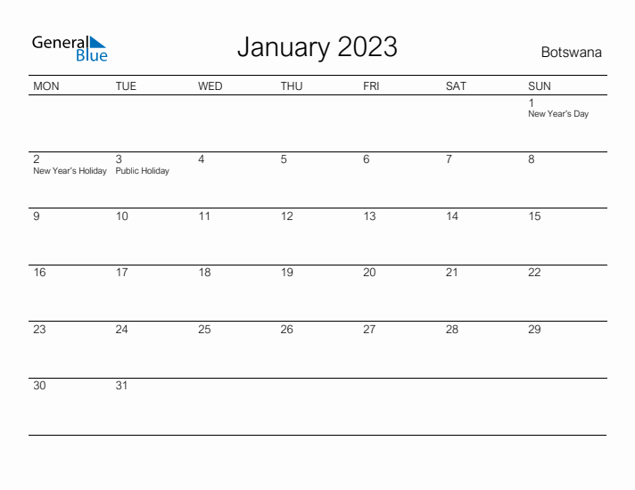 Printable January 2023 Calendar for Botswana