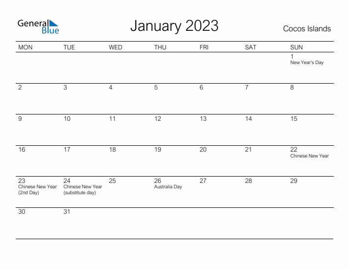 Printable January 2023 Calendar for Cocos Islands