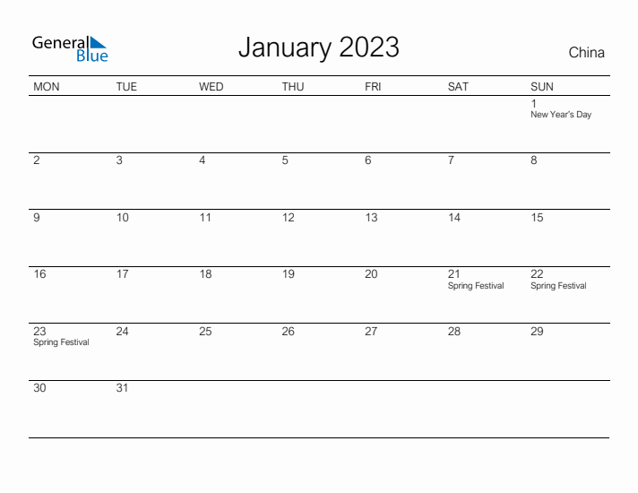 Printable January 2023 Calendar for China