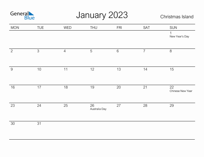 Printable January 2023 Calendar for Christmas Island