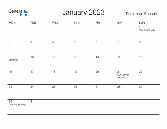 Printable January 2023 Calendar for Dominican Republic