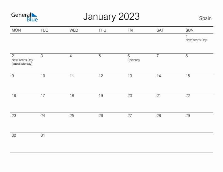 Printable January 2023 Calendar for Spain