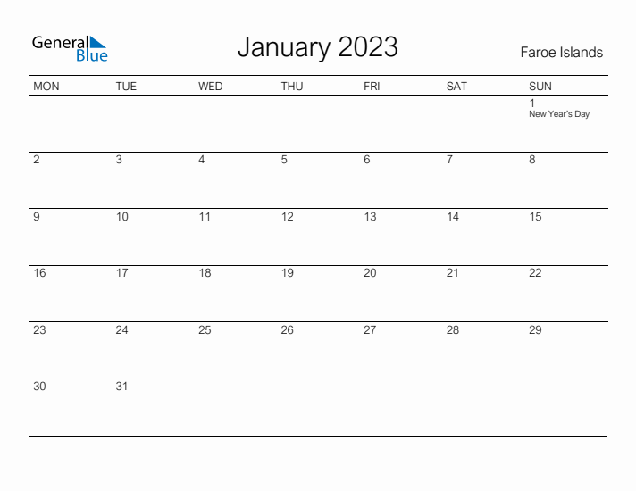 Printable January 2023 Calendar for Faroe Islands