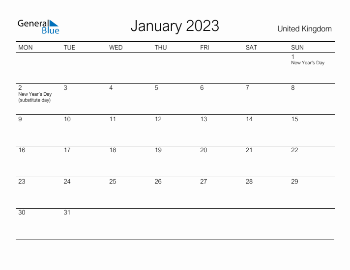 Printable January 2023 Calendar for United Kingdom