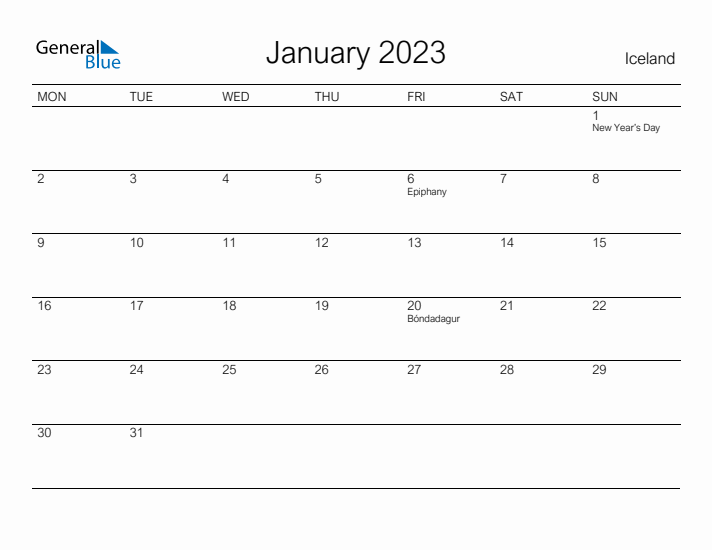 Printable January 2023 Calendar for Iceland