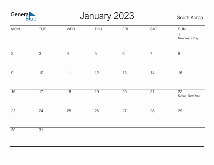 Printable January 2023 Calendar for South Korea