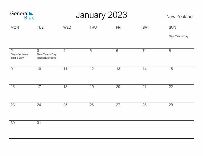 Printable January 2023 Calendar for New Zealand