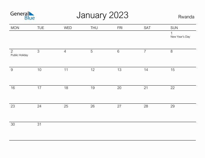 Printable January 2023 Calendar for Rwanda