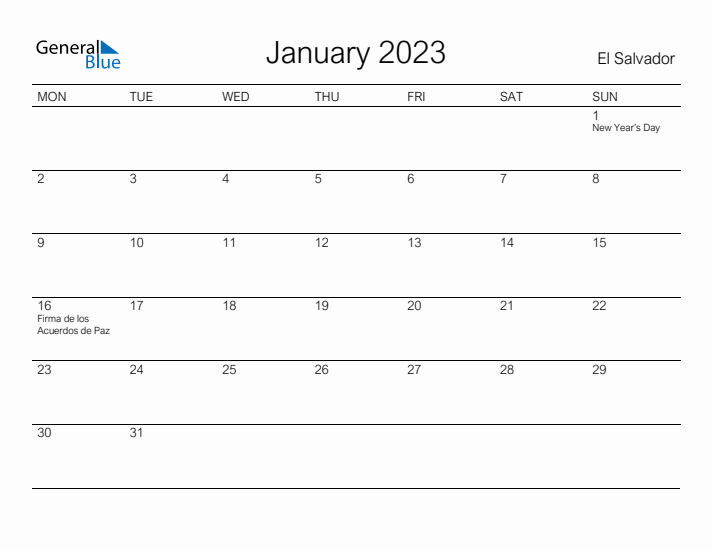 Printable January 2023 Calendar for El Salvador