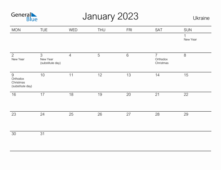 Printable January 2023 Calendar for Ukraine