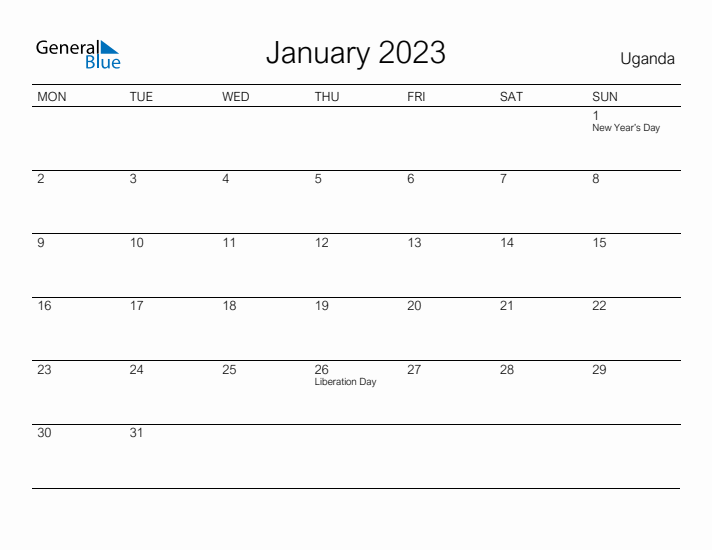 Printable January 2023 Calendar for Uganda