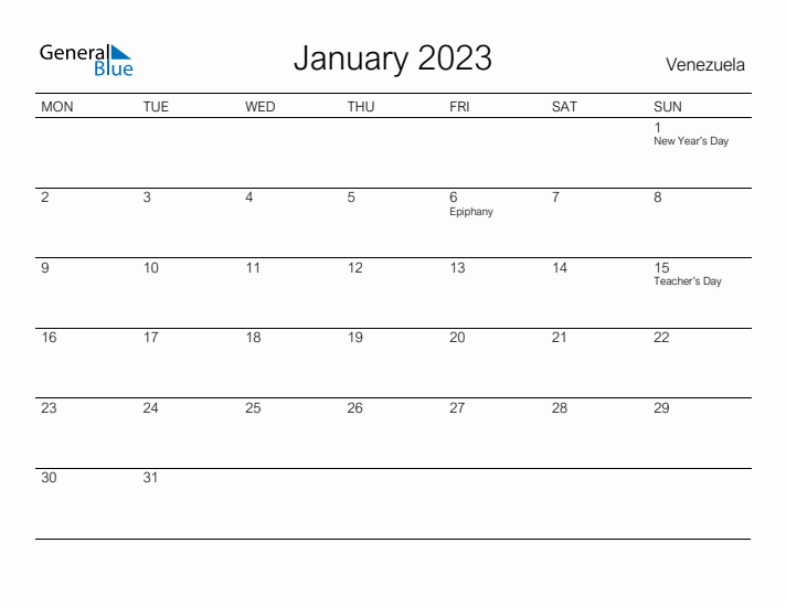 Printable January 2023 Calendar for Venezuela