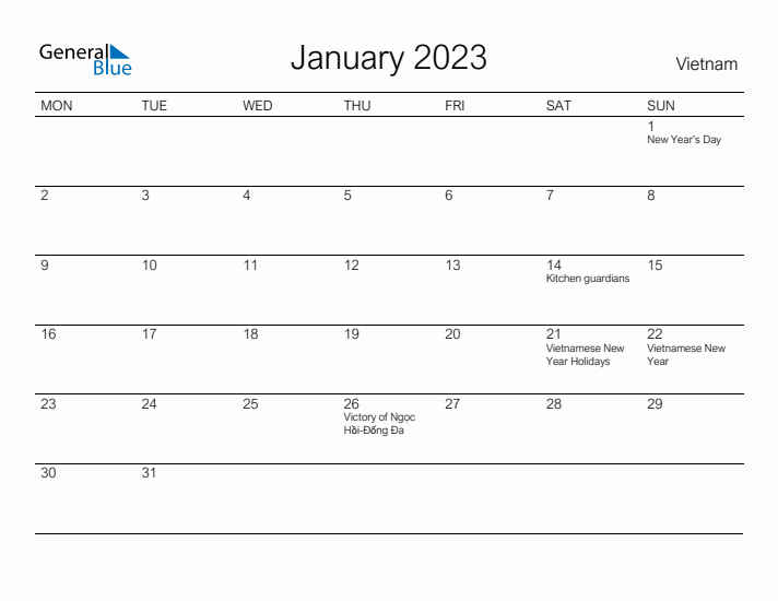 Printable January 2023 Calendar for Vietnam