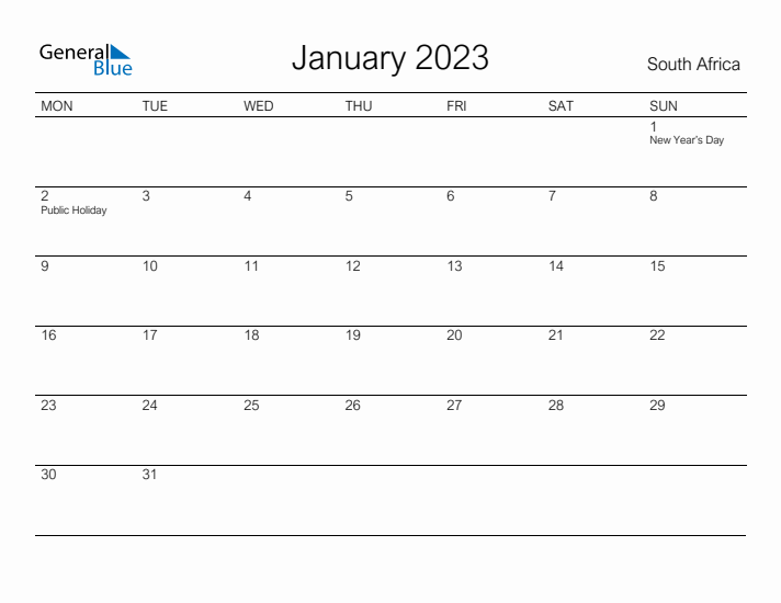 Printable January 2023 Calendar for South Africa