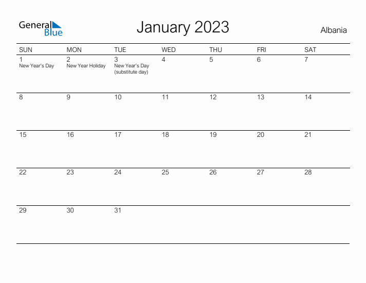 Printable January 2023 Calendar for Albania